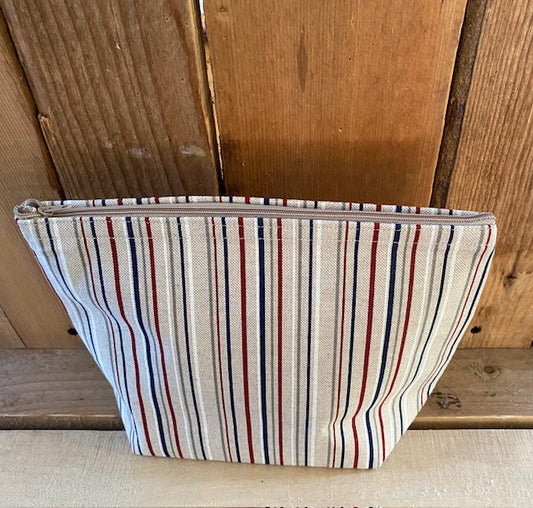 Natural Fine stripes White /Blue Handmade fabric zippered case