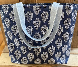 Indigo- Bagru Navy And White Leaf   Handmade Fabric Tote Bag Set