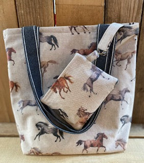 Natural Horse  Handmade  Fabric Tote Bag And Purse Matching Purse Set